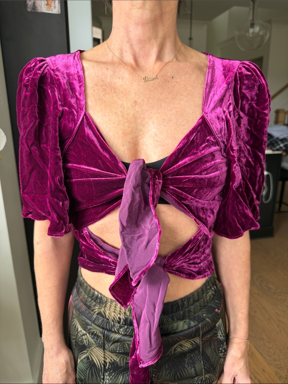 Zara Fuchsia Velvet Tie-Front Crop Top